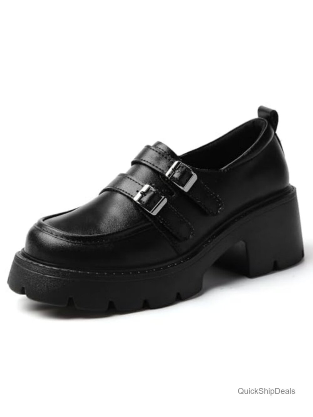 Women's Chunky Platform Loafers Double Buckle Monk Strap Slip On Lug Sole